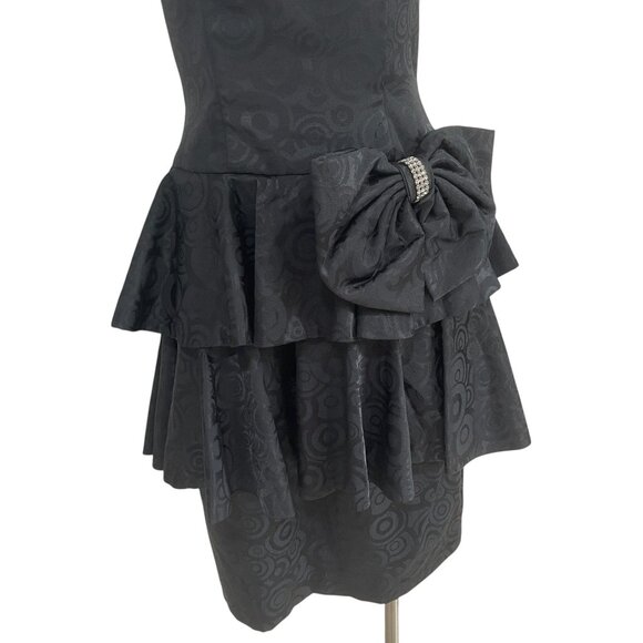Vintage Pantagis Strapless Black Ruffle Dress Bow Detail Cocktail 80s Glam - Picture 5 of 11